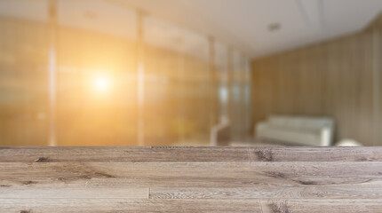 Background with empty wooden table. Flooring. Open space office interior with like conference room. Mockup. 3D