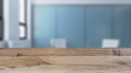 Background with empty wooden table. Flooring. Modern office building interior. 3D rendering.