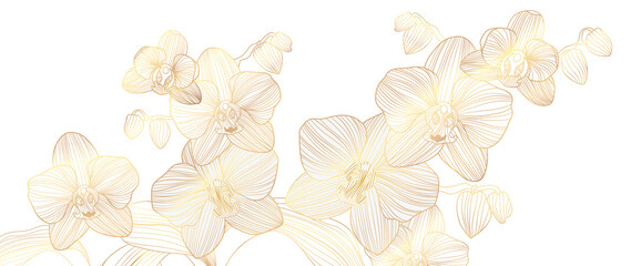 Luxury Gold orchid background vector. Golden orchid line arts design for wallpaper, wall arts, fabric, prints and background texture, Vector illustration. © TWINS DESIGN STUDIO