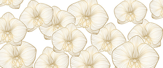 Luxury Gold orchid background vector. Golden orchid line arts design for wallpaper, wall arts, fabric, prints and background texture, Vector illustration.