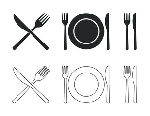 Fork knife and plate icon set. Flat shape restaurant or cafe place logo sign collection. Utensil crossed. Kitchen and diner menu button symbol. Vector silhouette illustration image.