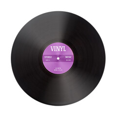 Closeup view of gramophone vinyl LP record or phonograph record with violet label. Black musical...