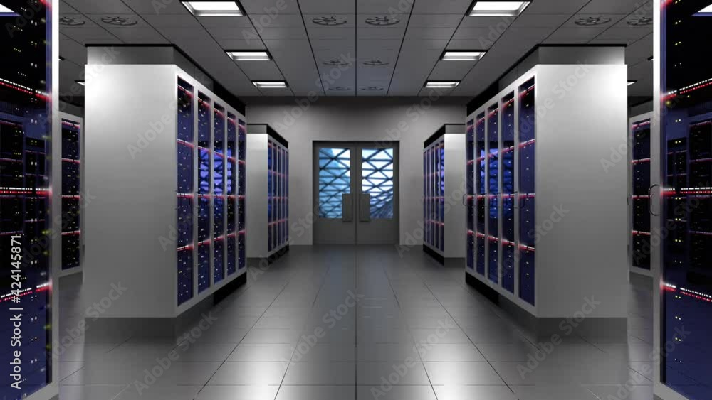 Poster data center with many rack servers standing in a row - hosting, storage concept - 3d 4k animation (3