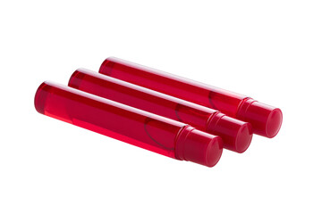 Red transparent ampoules with liquid collagen for facial care isolated on white background with clipping path. Skin care products