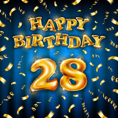 Golden number 28 twenty eight metallic balloon. Happy Birthday message made of golden inflatable balloon. letters on blue background. fly gold ribbons with confetti. vector illustration