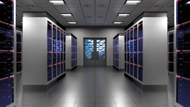 Data center with many rack servers standing in a row - hosting, storage concept - 3D 4k animation (3840x2160 px).