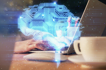 Double exposure of woman hands working on computer and brain hologram drawing. Ai concept.