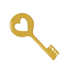 Golden key with the inscription love and heart. Icon and decoration for Valentine Day, wedding, holiday. Vector flat illustration on white background