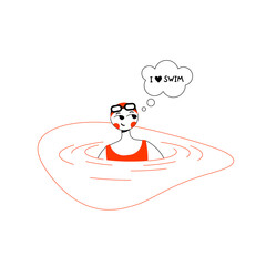 An athlete swimmer in a swimsuit, swimming goggles and a hat is in the water in the pool. Bubble with the text "I love swim". Flat outline vector illustration.