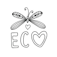 Hand drawn naive butterfly for eco design.