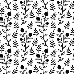 Floral pattern with berries. Hand draw rustic background with simple plants. Seamless pattern for wrapping, fabric, wallpaper design