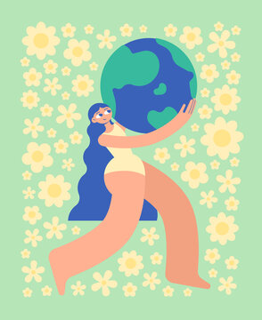 A strong, beautiful woman in a white bathing suit carries the planet earth in her arms, protecting it from harm. World peace. Background from many daisies. Retro style. Flat bright vector illustration