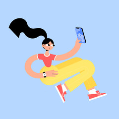 Brunette girl character in yellow trousers and red sneakers and a T-shirt makes a selfie on a smartphone. Flat bright vector illustration