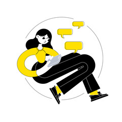 A girl in business trousers and a long sleeve is texting in a smartphone chat next to the bubble. Remote work in the office or freelance. Flat outline minimalism vector illustration.