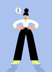 A girl in business trousers and a shirt, shoes next to a bubble with a dollar sign. Confident pose. Remote work in the office or freelance. Flat bright vector illustration.