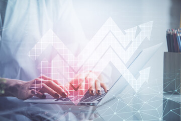 Double exposure of woman hands typing on computer and arrows drawing. Success concept.