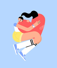 A strong, beautiful woman in a T-shirt, sneakers and shorts hugs a big heart with her hands. Take care and love yourself. Stylish trendy look. Flat bright vector illustration.