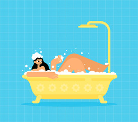 The girl lies in the foam in a yellow bath with a shower. Tiles in the background. Taking care of yourself and your hygiene. Flat bright vector illustration.