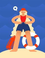 A tanned blonde girl in a panama hat and a swimsuit works as a lifeguard at the sea. Lifebuoy. Waves background. Flat vector illustration