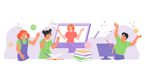 Children online distance education banner with cute children and teacher communicating via computer. E-learning and online school for children. Kids study at home, flat vector isolated on white.