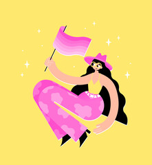 A character to a girl in a cowboy hat and cow-spotted trousers waving a striped pink flag. Support for the LGBT community. Flat bright vector illustration
