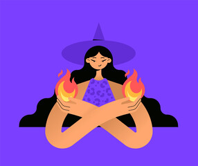 The character of a magical girl witch in a hat with crossed arms, holding a flame. Purple background. Flat bright vector illustration