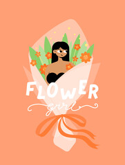 The character of a beautiful gentle girl sits in a large bouquet of orange flowers tied with a ribbon. Home comfort. Flat bright vector illustration