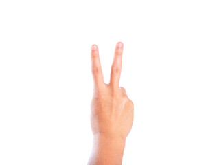 The gesture of the hand. Two fingers raised up. Hand showing victory sign(v sign) on white background.