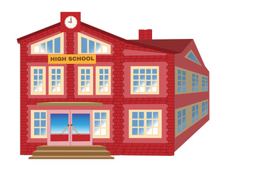 Beautiful high school building in realistic style. With large doors and a clock in the top. House faced is decorated in old style with bricks. Vector illustration isolated on white background.