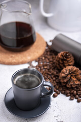 Homemade hot fresh coffee in a morning at home. Drip brewing, filtered coffee or pour-over.