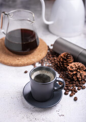 Homemade hot fresh coffee in a morning at home. Drip brewing, filtered coffee or pour-over.