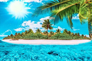 Naklejka na ściany i meble Whole tropical island within atoll in tropical Ocean on a summer day. Uninhabited and wild subtropical isle with palm trees. Equatorial part of the ocean, tropical island resort.