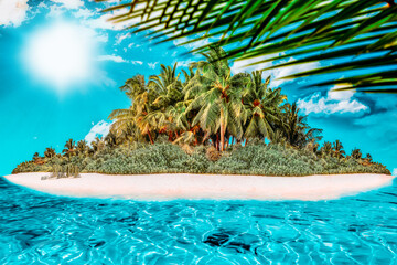 Whole tropical island within atoll in tropical Ocean on a summer day. Uninhabited and wild subtropical isle with palm trees. Equatorial part of the ocean, tropical island resort.