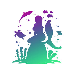 Fototapeta premium Mermaid Silhouette Illustration Princess. Vector Clip Art Underwated Design Scene.