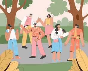 Group of friends meeting in city park scene