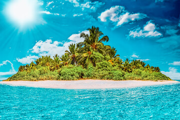 Whole tropical island within atoll in tropical Ocean on a summer day. Uninhabited and wild subtropical isle with palm trees. Equatorial part of the ocean, tropical island resort. © BRIAN_KINNEY