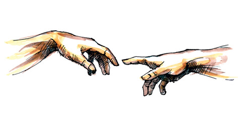 The creation of Adam by God. Hands. Fingers. A touch of God. A fragment of a fresco by Michelangelo Buonarroti