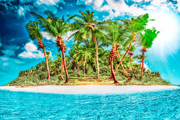 Whole tropical island within atoll in tropical Ocean on a summer day. Uninhabited and wild subtropical isle with palm trees. Equatorial part of the ocean, tropical island resort.