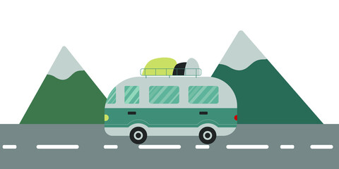 van on the road. mountains on background, flat vector illustration