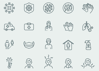 Coronavirus COVID-19 associated with respiratory pneumonia pandemic vector icons. Icons symptoms, transmission, prevention, treatment, virus, contagious, infection 2019-nCoV