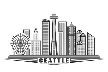 Vector illustration of Seattle, monochrome horizontal poster with outline design of seattle city scape, urban line art concept with unique decorative letters for black word seattle on white background - obrazy, fototapety, plakaty