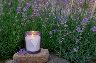 Homemade candle with herbal scent against a background of blooming lavender. Magical rituals and practices.