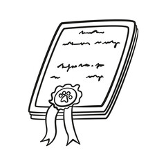 Award diploma with rosette for animals with paw in doodle style. Dog or cat certificate achievement in line art. Vector simple illustration.