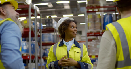 Afro female manager giving tour business people to inspect factory warehouse