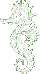 Fototapeta na wymiar Vector illustration of plastic in the middle of a seahorse. Environmental issue, pollution of the ocean. 