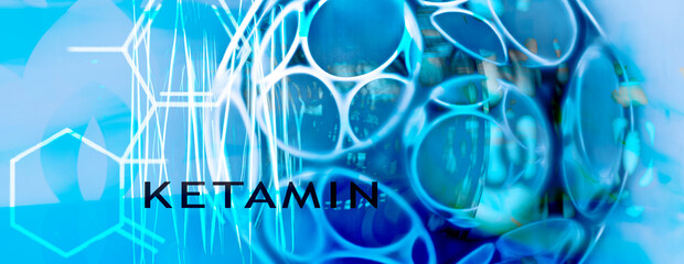 Ketamine. Dissociative ketamine. Chemical formula, molecular structure. Ilustration background for...