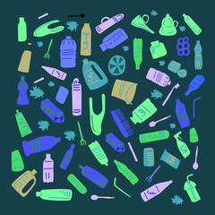 Vector illustration of plastic floating in the ocean. Environmental issue, pollution of the ocean. 