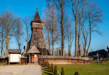Debno, Poland. Medieval wooden Gothic church of the Saint Archangel Michael, built in 15th century,...