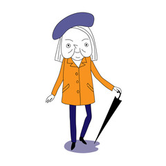 Vector old ledy in yellow coat and a blue beret. She has a black umbrella. It is line drawing.