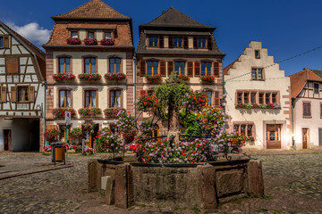 Fototapeta na wymiar Dorfplatz mit Brunnen im Elsaß